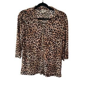 Anne Klein Women's Small Short Sleeve Button-Up Blouse Cheetah Leopard Print